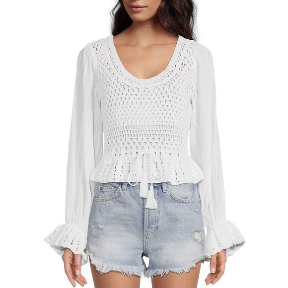FREE PEOPLE Women’s Megan Crochet Top Shirt Sz Large Boho - Picture 5 of 6